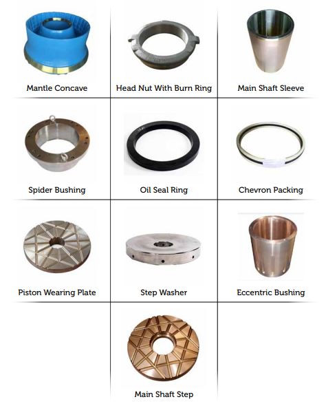 Konik Kırıcı 3 — Konik kırıcı mantle concave, ana mil kovanı, burçlar, yağ keçesi halkası ve aşınma parçalarını gösteren etiketli katalog.